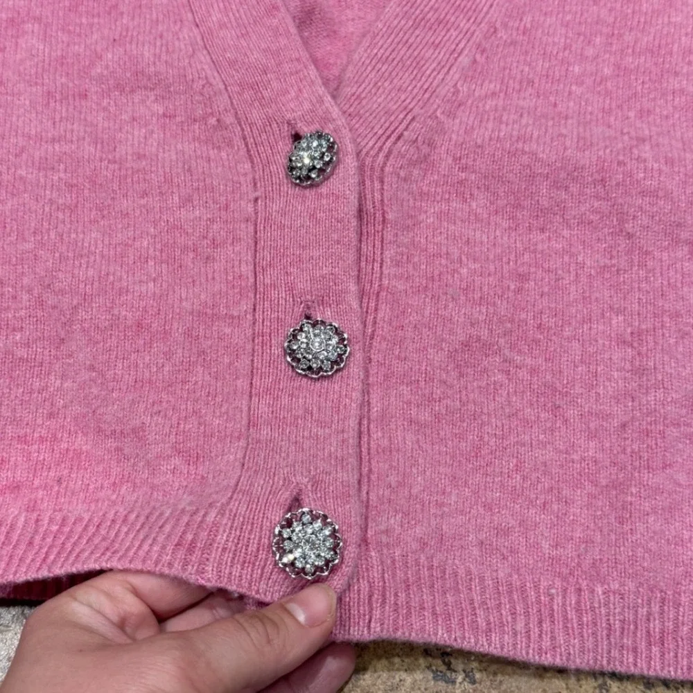 Reformation Val Pink Wool Cropped Cardigan Crystal Button Sweater S Cozy Layerin